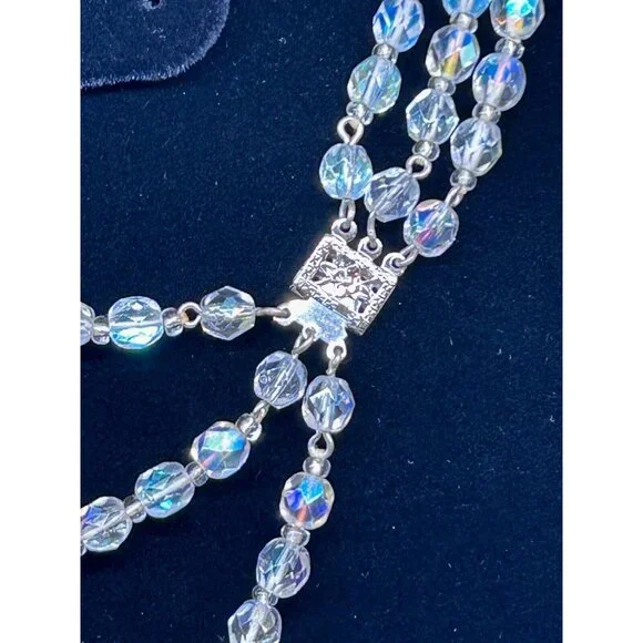Aurora Borealis Glass Necklace 3 Strand Graduated Length 17 in Silver-tone Clasp - Picture 5 of 5